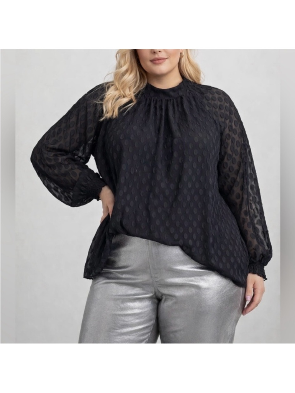 DR2 Black Swiss Dot Puff Sheer Sleeve Flowy Feminine Blouse Top Plus Size 3X